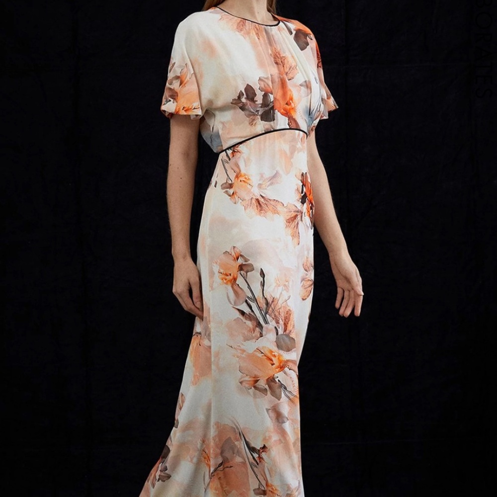 Karen Millen Blurred Floral Woven Column Angel Sleeve Maxi Dress